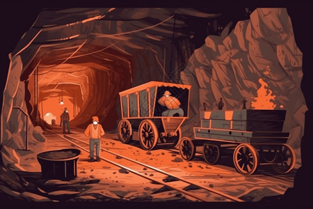 素材采集站矿工使用手推车将矿物运出插画