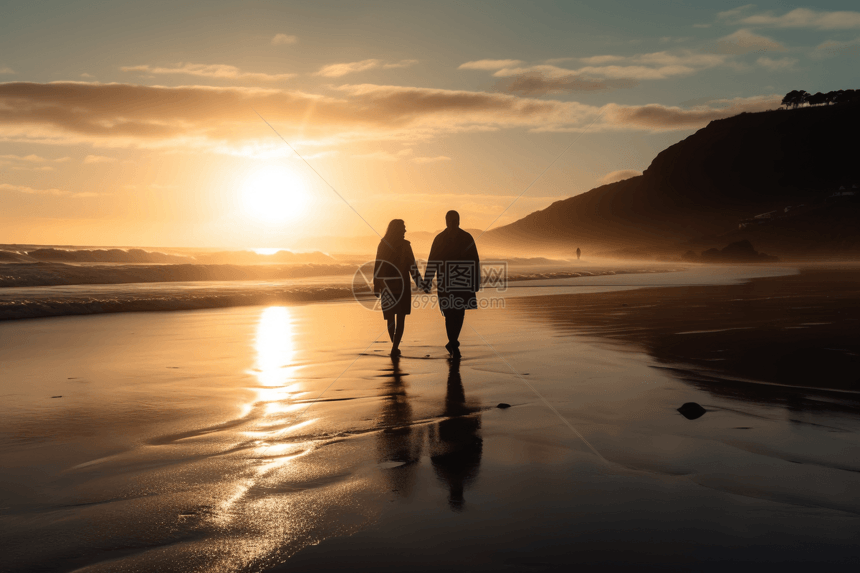 日落沙滩的恋人图片