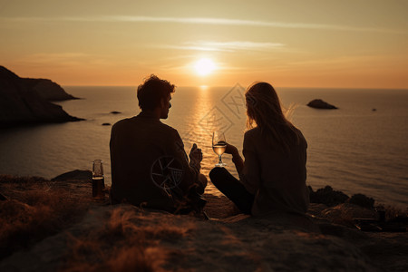 日落海边的情侣图片