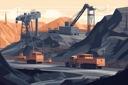 素材采集设备风格的露天煤矿平面插图插画
