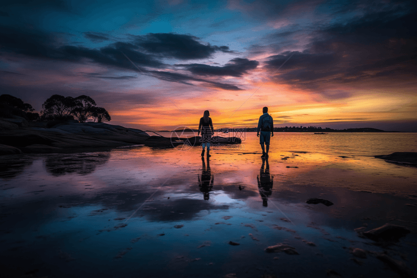 日落海岸线散步的情侣图片