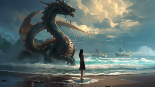 卡通女孩站在海边异兽相伴高清图片