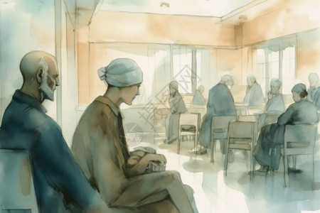 商业中心效果图癌症中心坐着的病患水彩效果图插画