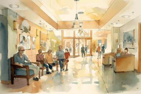 医疗中心宣传单癌症中心室内大厅水彩效果图插画