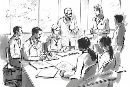 办公室MG一群医学生在教室里相互探讨的铅笔画素描插画