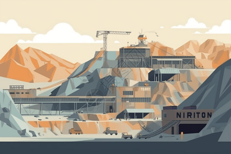 锌矿带矿工轨道车和加工设施的矿场插画