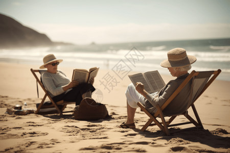 坐在沙滩椅上吃西瓜的情侣沙滩上看书的情侣背景
