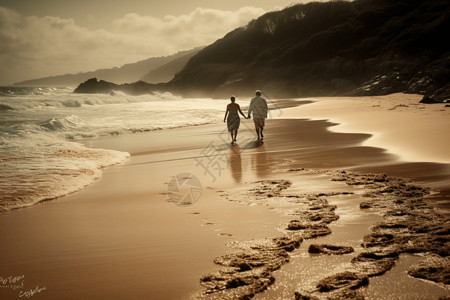 牵手在海边散步的恋人图片