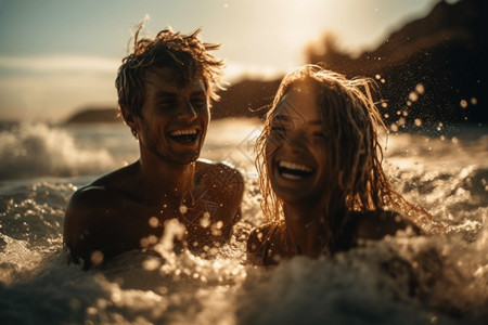 海滩晒太阳人一对夫妇在海浪中嬉戏背景