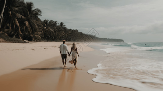 手拉手走在沙滩上的情侣背景图片