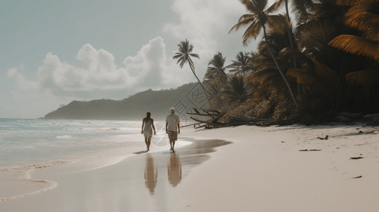 夫妇手拉手走在白色的沙滩上背景图片