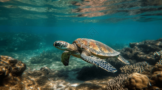 海龟高清素材海龟在清澈的水中游泳，水面下可见和其他海洋生物。，高清背景