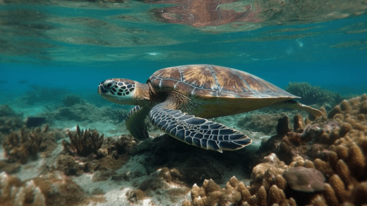 海龟在清澈的水中游泳图片