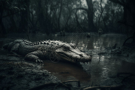 野生的鳄鱼沼泽浑浊高清图片