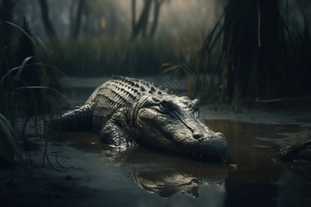 浑浊沼泽中凶猛的鳄鱼插画