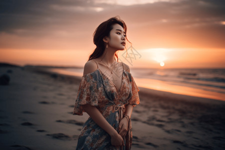 太阳裙女孩在海边沙滩漫步背景