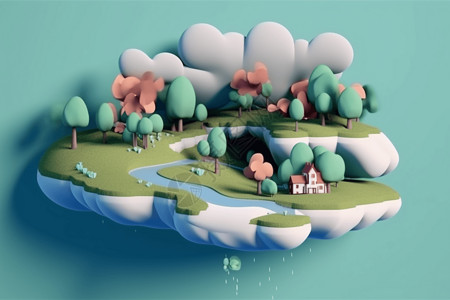 漂浮小岛云朵上的风景插画