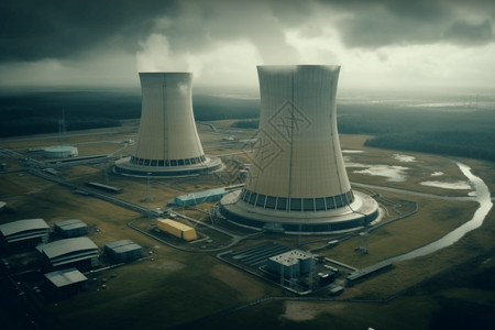 工业塔多云天气下的核电站设计图片