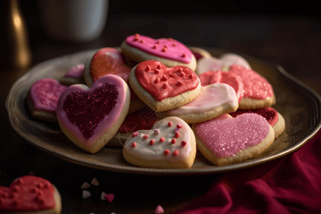 带有粉红色和红色糖衣心形糖饼干高清图片