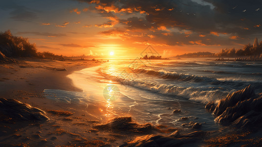 日出自然美景海滩上迷人的日落插画