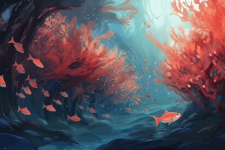 美丽鱼一群在珊瑚礁中游泳的鱼插画