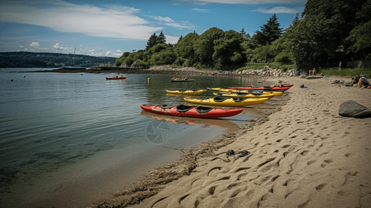 皮划艇和划桨船在沙滩上图片