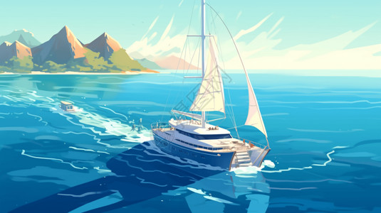 双体船游轮在大海航行插画