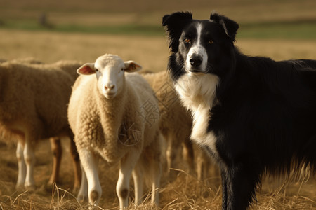 边境牧羊犬和羊群背景图片