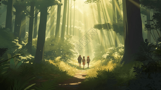 徒步旅行者穿越一片宁静的森林背景图片