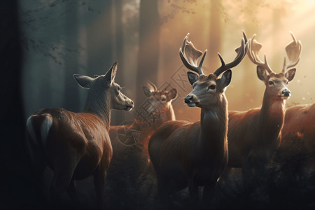 森林中的一群鹿插画