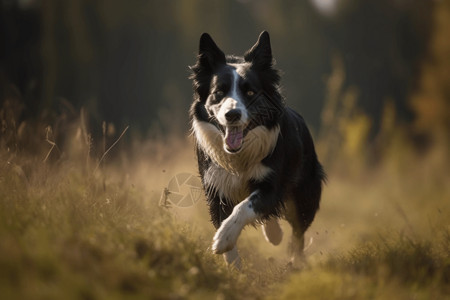 精力充沛的边境牧羊犬在玩耍时穿过草地背景