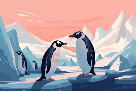 南极可爱的企鹅和雪山高清图片