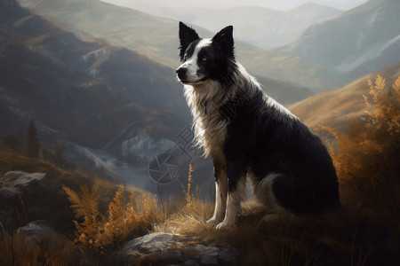 插画小狗边境牧羊犬在郊外的山上背景
