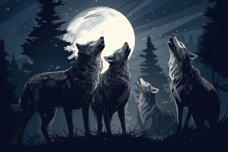 狼在森林里对着月亮嚎叫背景图片