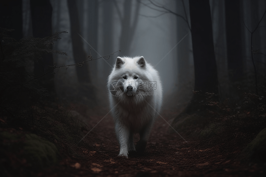 树林里的萨摩耶犬图片