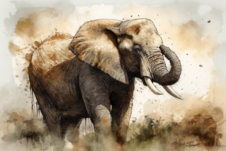 非洲平原的大象水彩画背景图片
