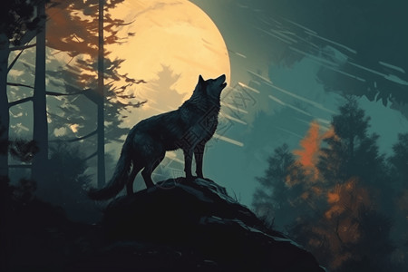 狼对着月亮嚎叫的插画背景图片