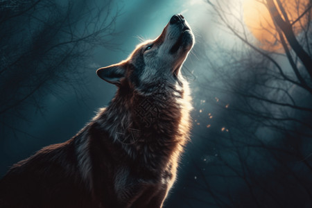 狼对着月亮嚎叫图片