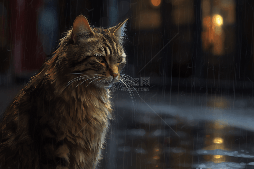 雨中淋雨的猫咪图片