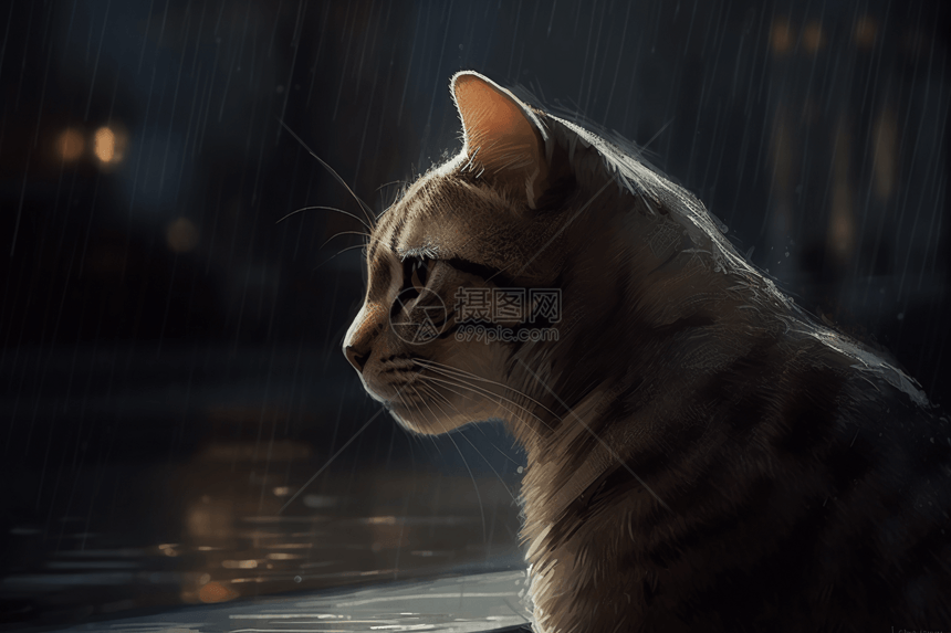 雨中猫咪的侧面图片