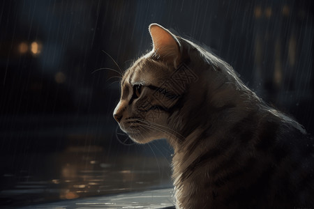 雨中猫咪的侧面图片