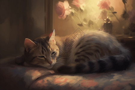 睡姿可爱的猫咪油画插画