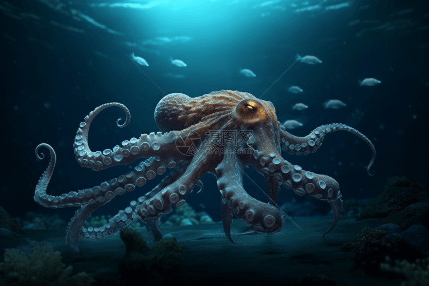 深海中的章鱼插画图片