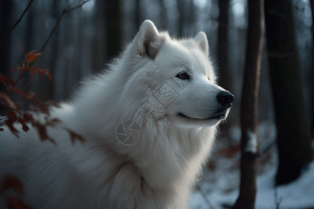 森林中的萨摩耶犬图片