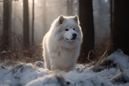 雪林中的萨摩耶犬高清图片