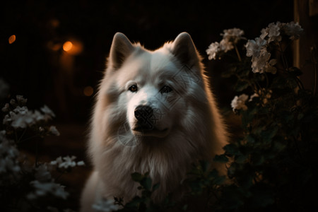夜间花园中的萨摩耶犬高清图片