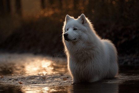 河边的萨摩耶犬图片