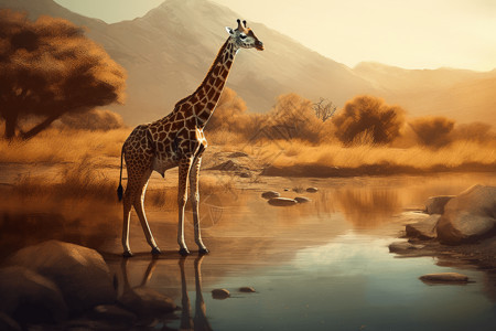 喝水的动物大草原的长颈鹿插画