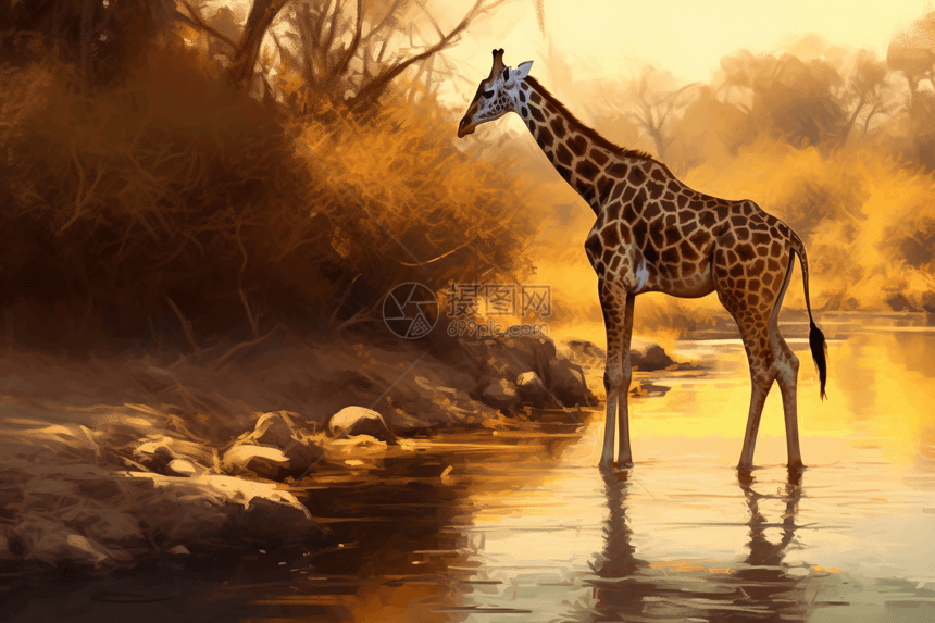 长颈鹿从河里喝水图片