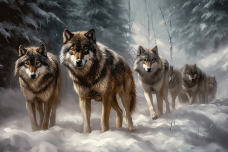 雪中凶猛的狼群图片